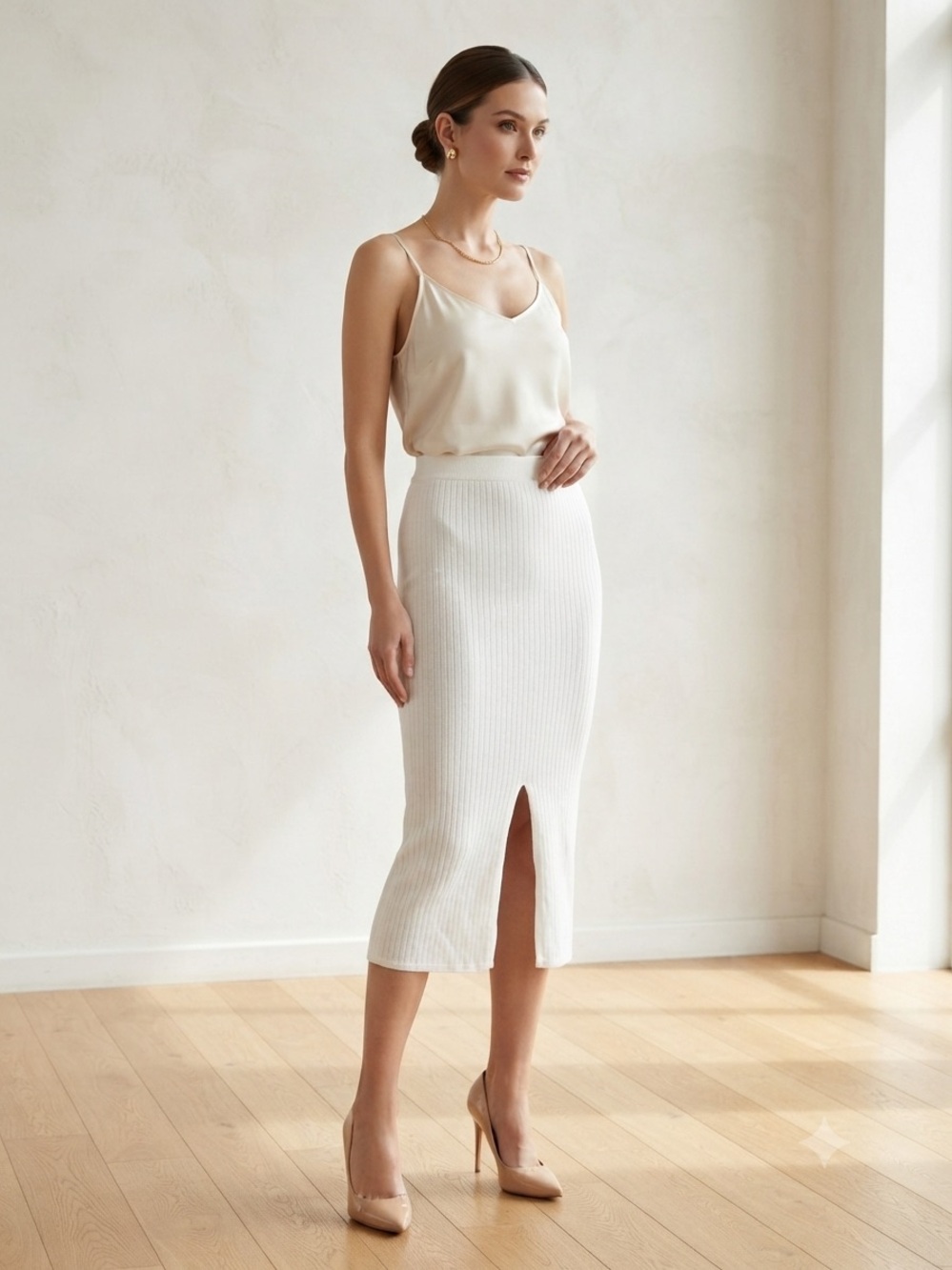 Free People Women White Ribbed Knit Midi Skirt Size Small Slit Pencil Cotton Bld